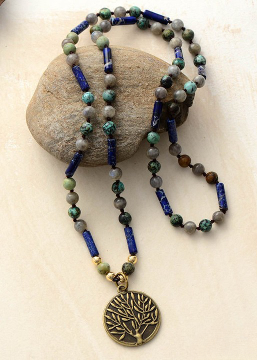 Long Beads Boho Necklace - Tree of Life Pendant