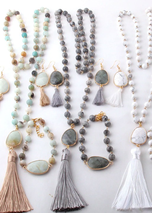 Long Boho Necklace - Pompom Pendant