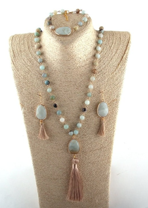 Long Boho Necklace - Pompom Pendant