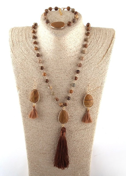 Long Boho Necklace - Pompom Pendant