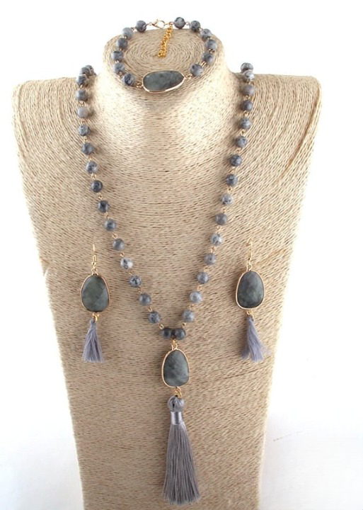 Long Boho Necklace - Pompom Pendant