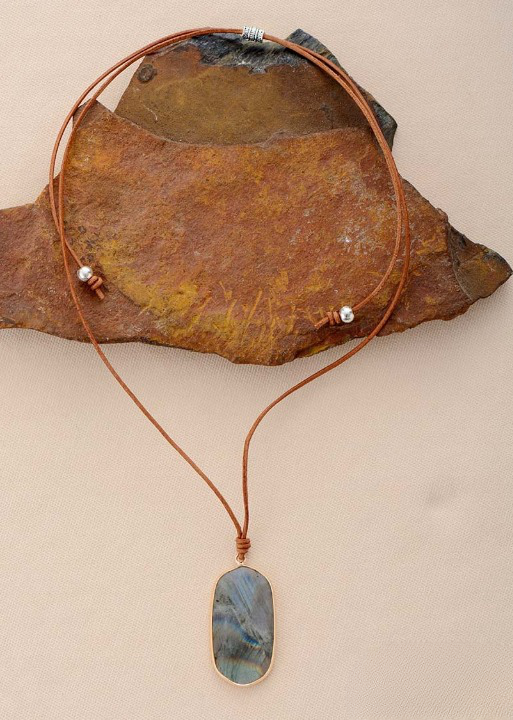 Boho Leather Necklace - Natural Stone Pendant