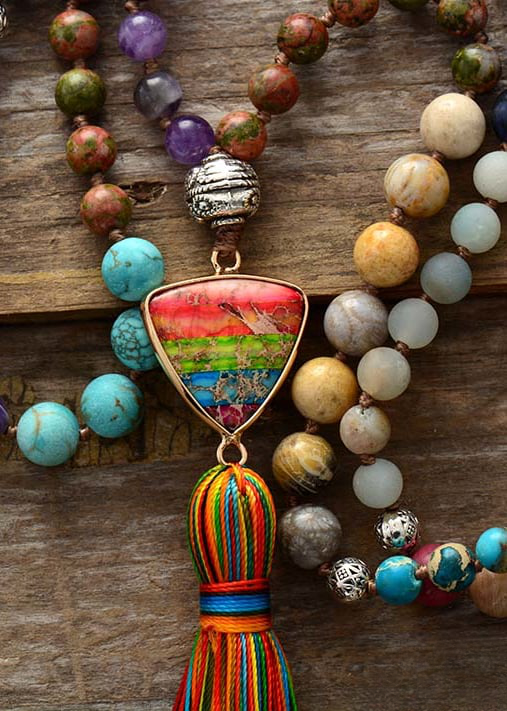 Boho Beads Necklace Pompom Pendant