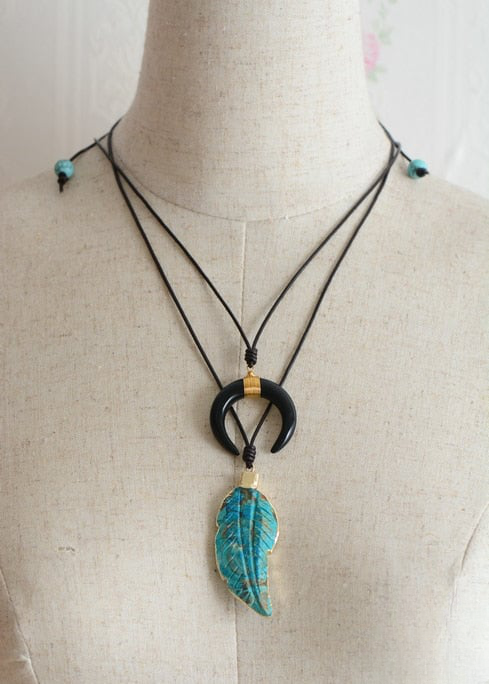 Leather Boho Necklace - Ox Horn Pendant