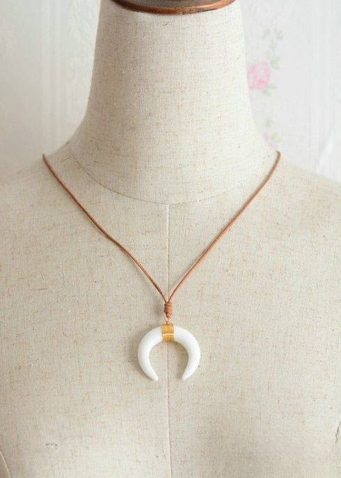Leather Boho Necklace - Ox Horn Pendant