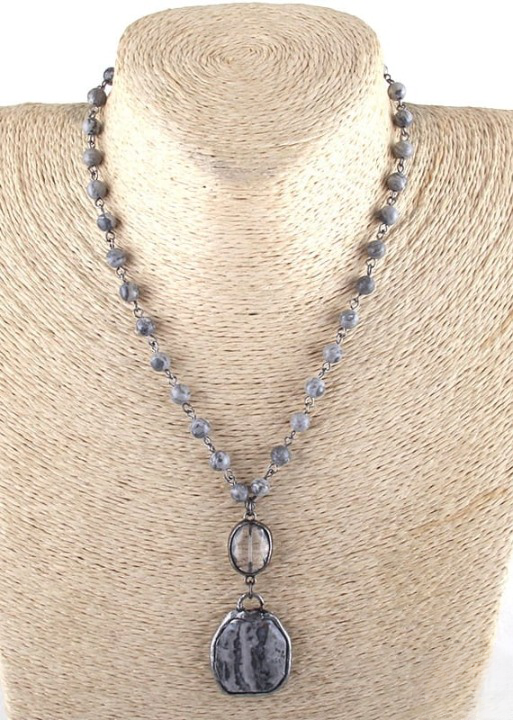 Boho Beaded Necklace Crystal Pendant