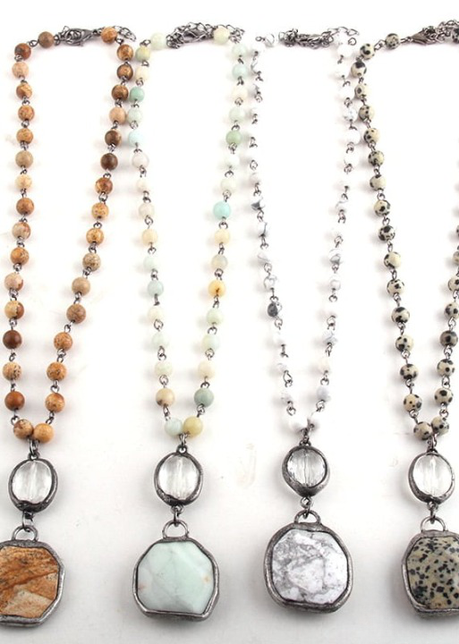Boho Beaded Necklace Crystal Pendant