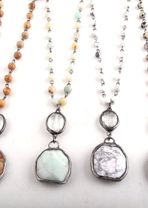 Boho Beaded Necklace Crystal Pendant