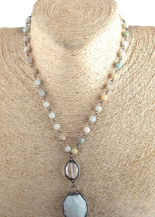Boho Beaded Necklace Crystal Pendant