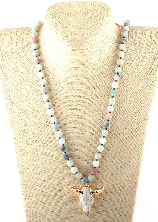 Boho Beaded Necklace - Horn Pendant