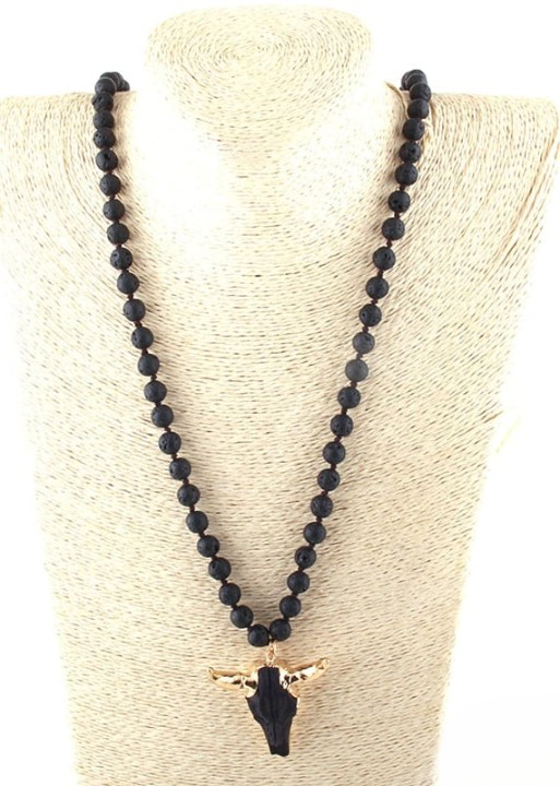 Boho Beaded Necklace - Horn Pendant