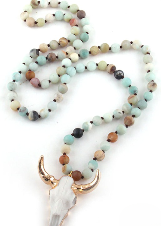 Boho Beaded Necklace - Horn Pendant