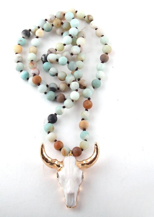 Boho Beaded Necklace - Horn Pendant