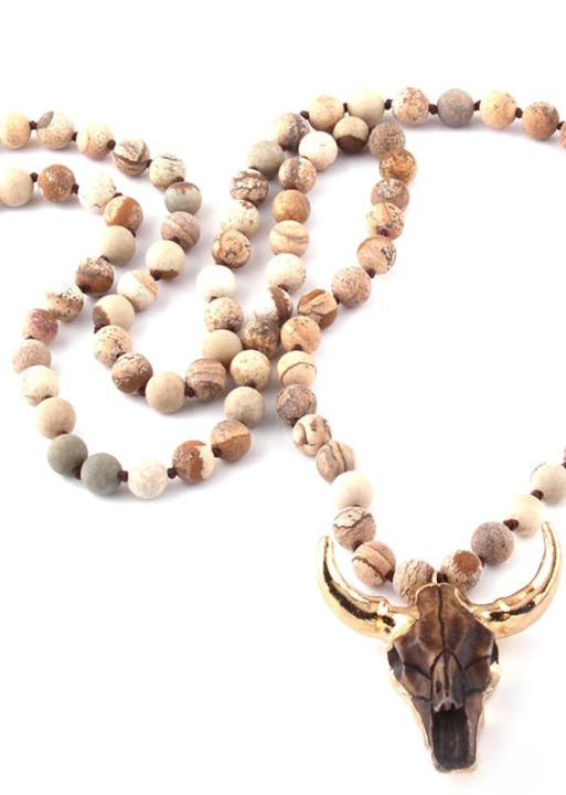 Boho Beaded Necklace - Horn Pendant