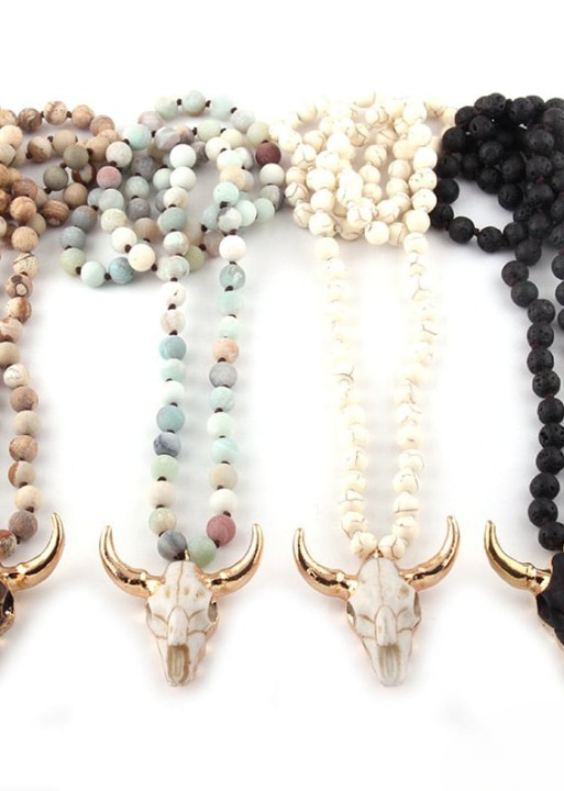 Boho Beaded Necklace - Horn Pendant