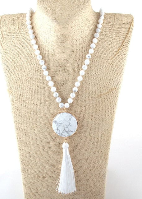 Boho Beaded Necklace Pompom Pendant