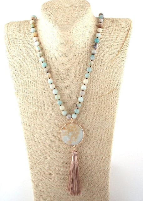 Boho Beaded Necklace Pompom Pendant