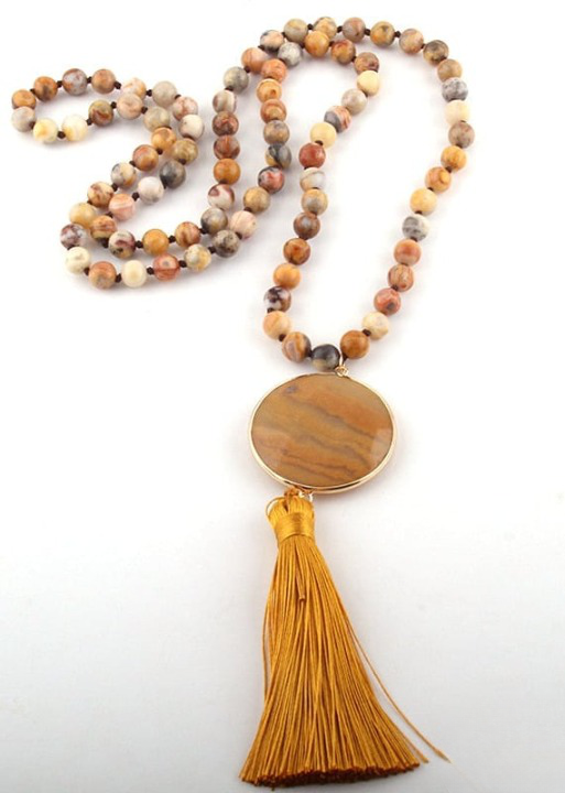 Boho Beaded Necklace Pompom Pendant