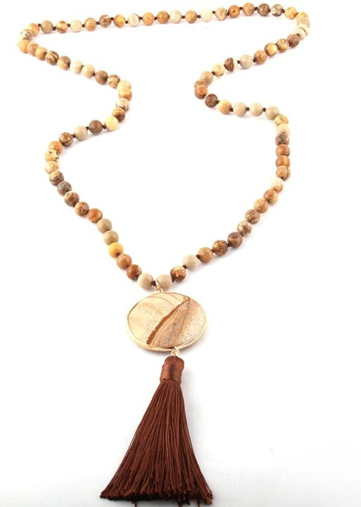 Boho Beaded Necklace Pompom Pendant