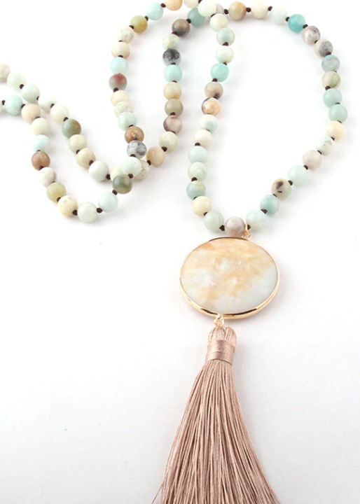 Boho Beaded Necklace Pompom Pendant