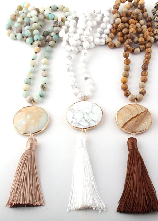 Boho Beaded Necklace Pompom Pendant