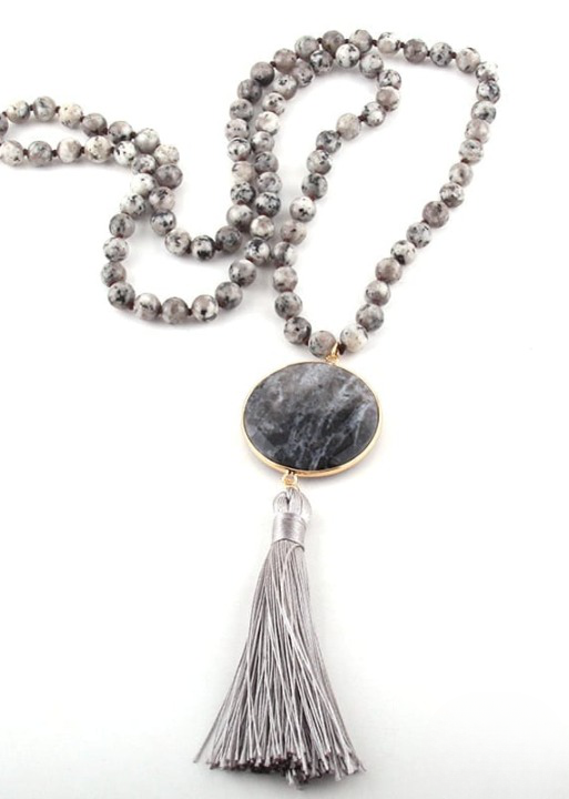 Boho Beaded Necklace Pompom Pendant