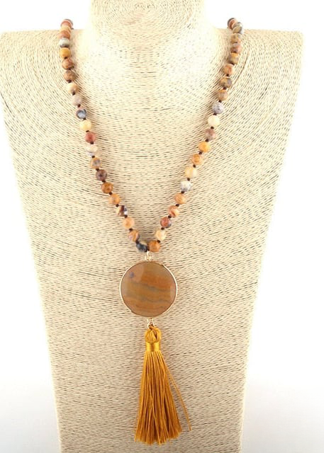 Boho Beaded Necklace Pompom Pendant