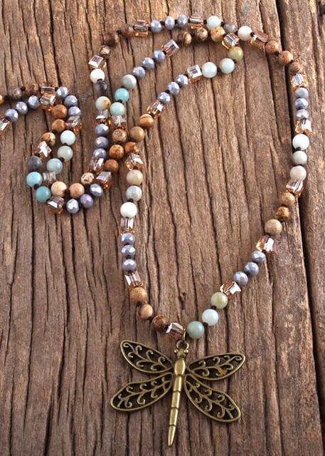 Boho Beaded Necklace - Dragonfly Pendant