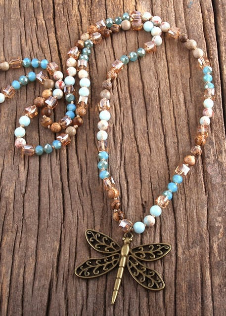 Boho Beaded Necklace - Dragonfly Pendant