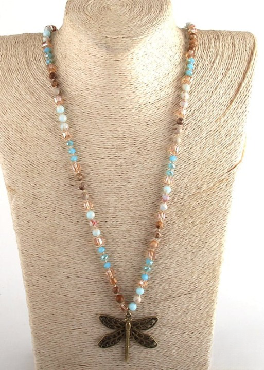 Boho Beaded Necklace - Dragonfly Pendant