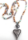 Boho Beaded Necklace - Heart Pendant Natural Stone