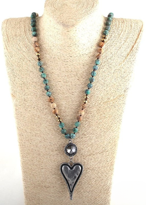 Boho Beaded Necklace - Heart Pendant Natural Stone