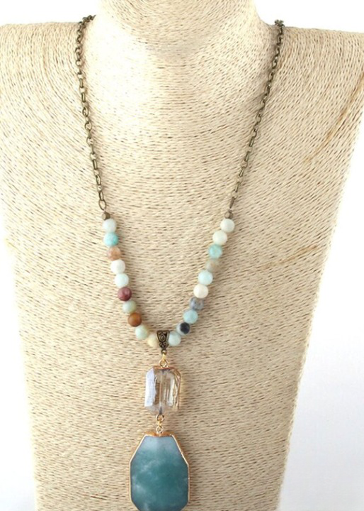 Long Boho Necklace Crystal Pendant