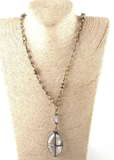 Boho Necklace Long- Crystal Pendant