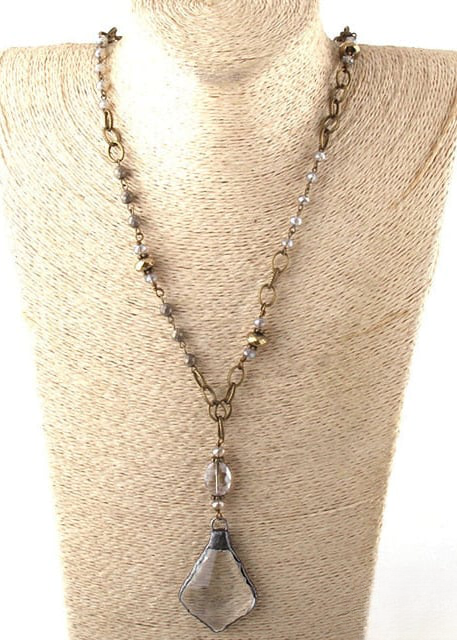 Boho Necklace Long- Crystal Pendant