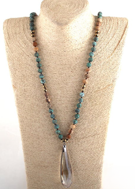 Boho Beaded Necklace - Teardrop Crystal Pendant