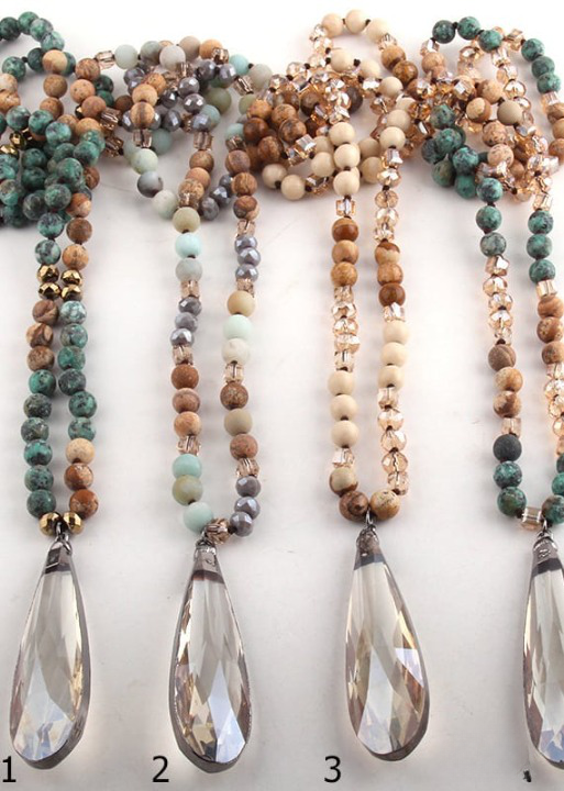 Boho Beaded Necklace - Teardrop Crystal Pendant