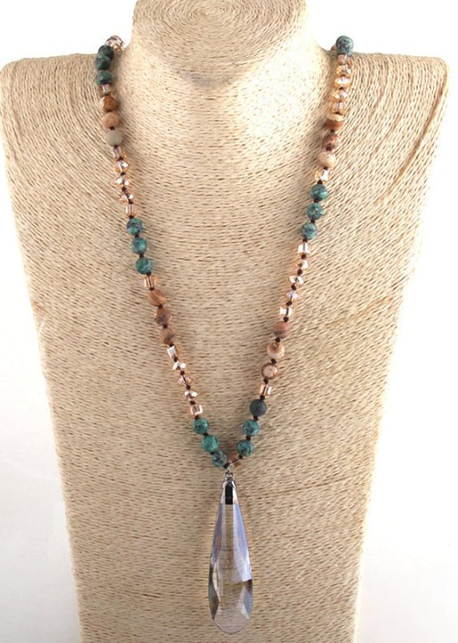 Boho Beaded Necklace - Teardrop Crystal Pendant