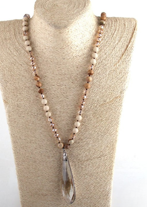 Boho Beaded Necklace - Teardrop Crystal Pendant