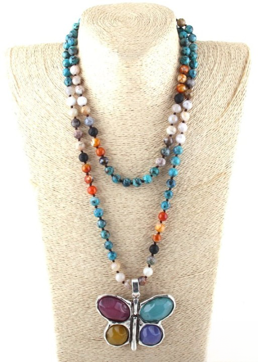 Boho Beaded Necklace - Butterfly Pendant