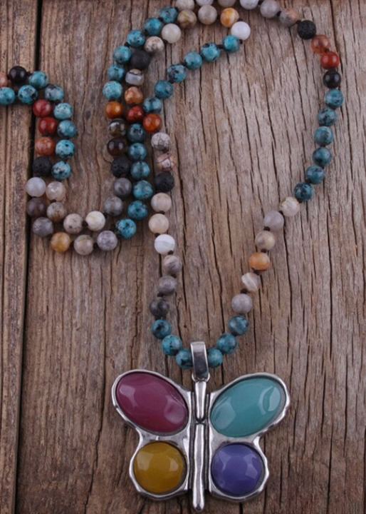 Boho Beaded Necklace - Butterfly Pendant
