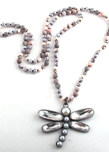 Boho Beaded Necklace - Dragonfly Blue Pendant