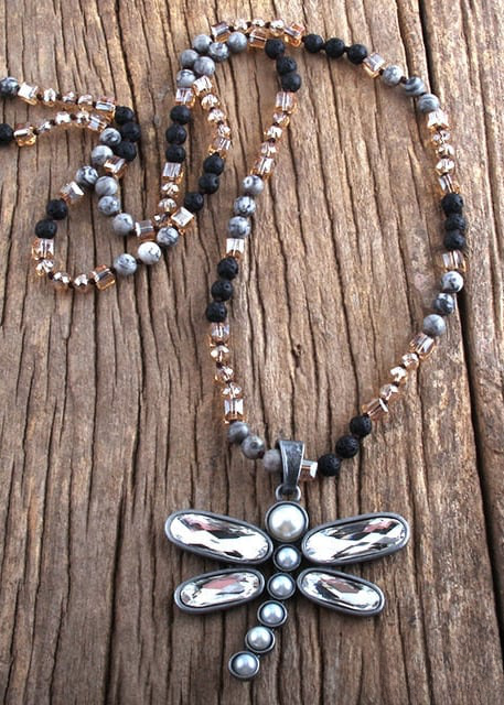 Boho Beaded Necklace - Dragonfly Blue Pendant