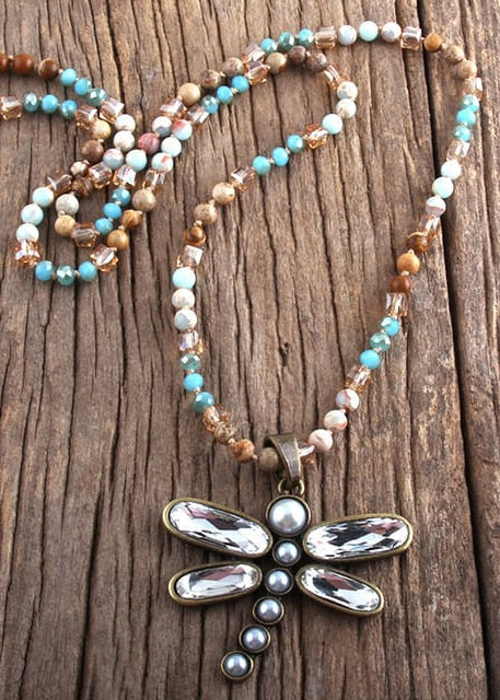 Boho Beaded Necklace - Dragonfly Blue Pendant