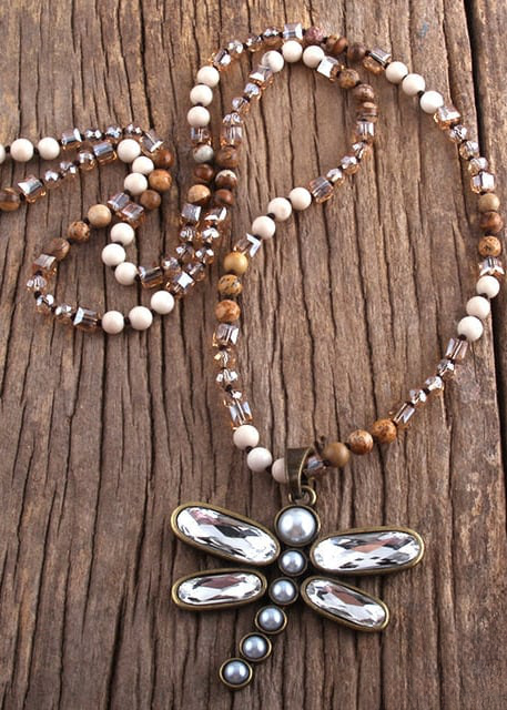 Boho Beaded Necklace - Dragonfly Blue Pendant