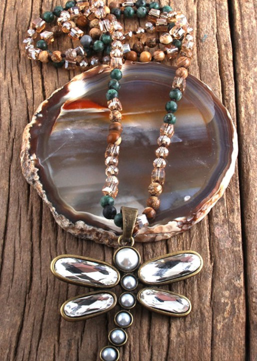 Boho Beaded Necklace - Dragonfly Blue Pendant