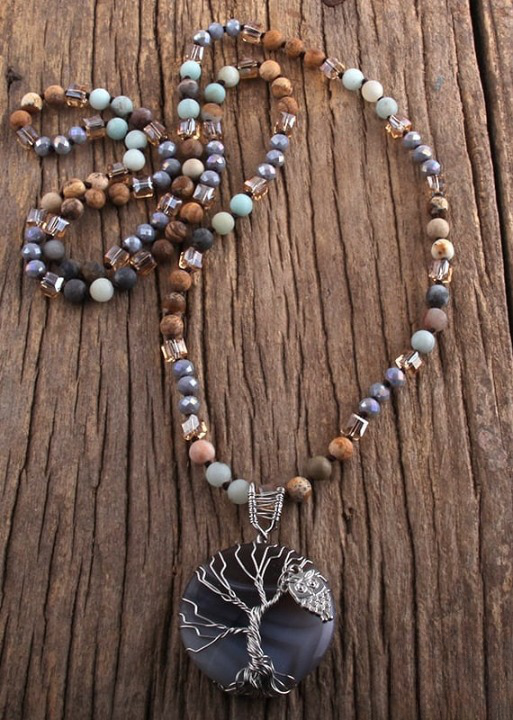 Long Boho Necklace Tree of Life Pendant