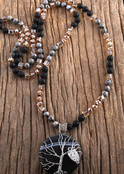 Long Boho Necklace Tree of Life Pendant