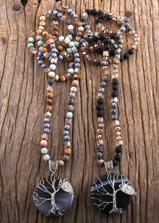 Long Boho Necklace Tree of Life Pendant