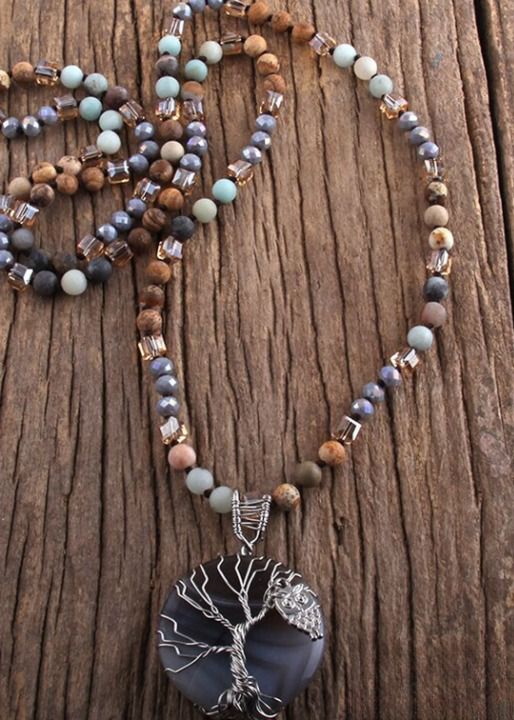 Long Boho Necklace Tree of Life Pendant